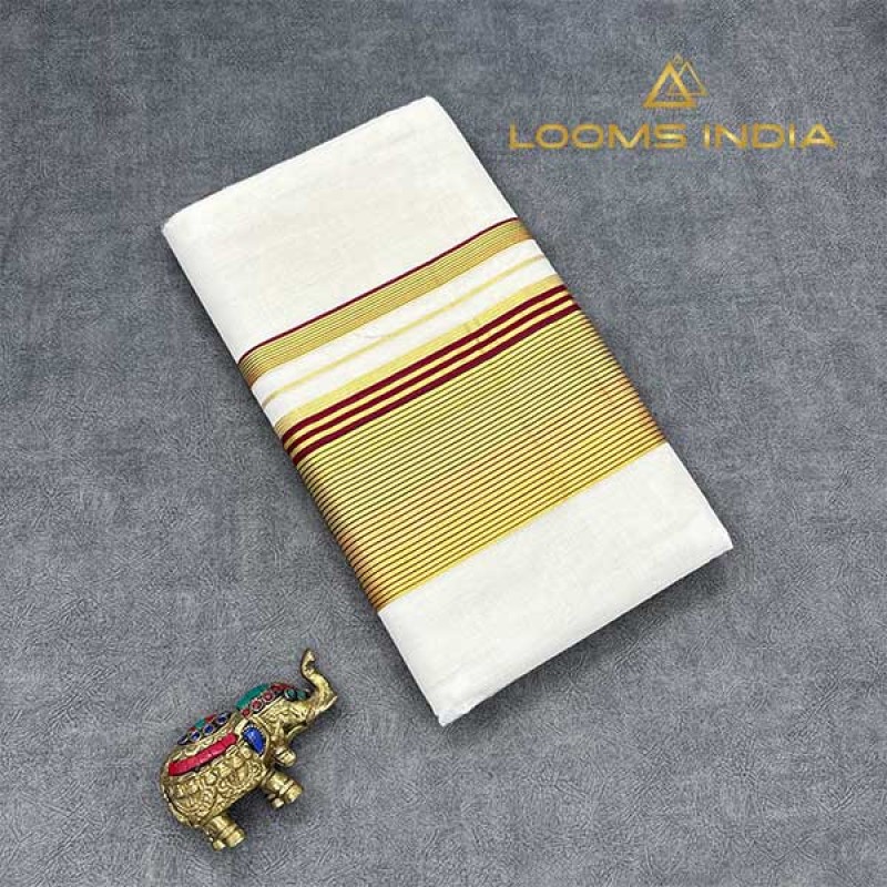 Balaramapuram Handloom Cotton Saree – Plain White Body with Maroon & Navy Blue Contrast Border, Dual Kasavu & Maroon Piping