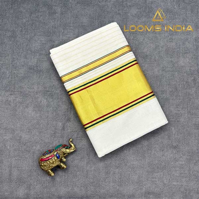 Pure Handloom Balaramapuram Unakkupaav Kasavu Saree– Green & Maroon Contrast Border and Gold Kasavu