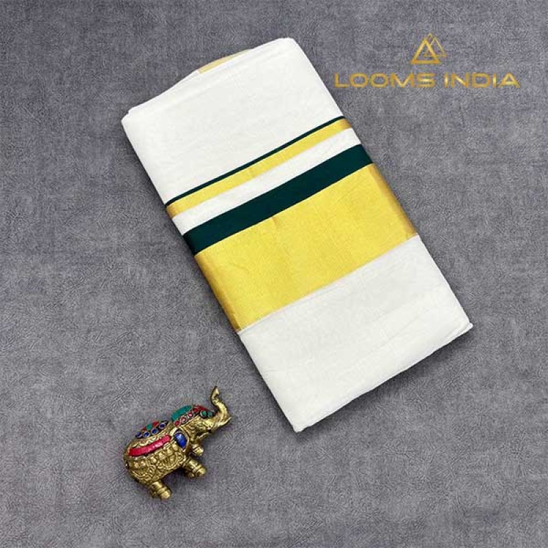 Pure Handloom Balaramapuram Unakkupaav Kasavu Saree –  Dark Green Kara & Golden Kasavu Border