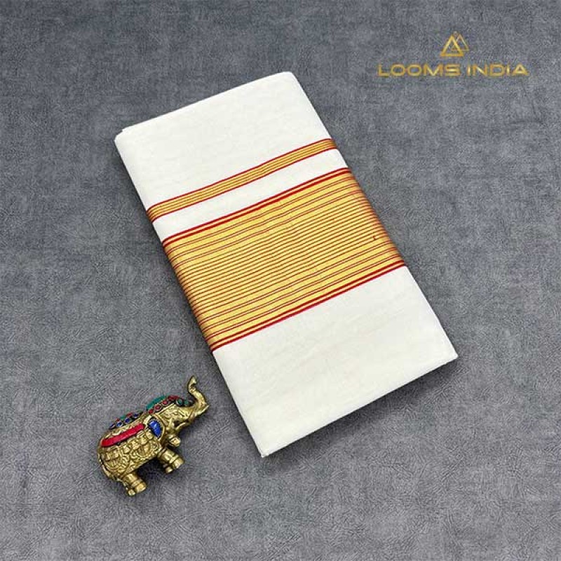 Pure Handloom Balaramapuram Unakkupaav Kasavu Saree – Plain White Body with Bold Red Kara & Golden Kasavu Border