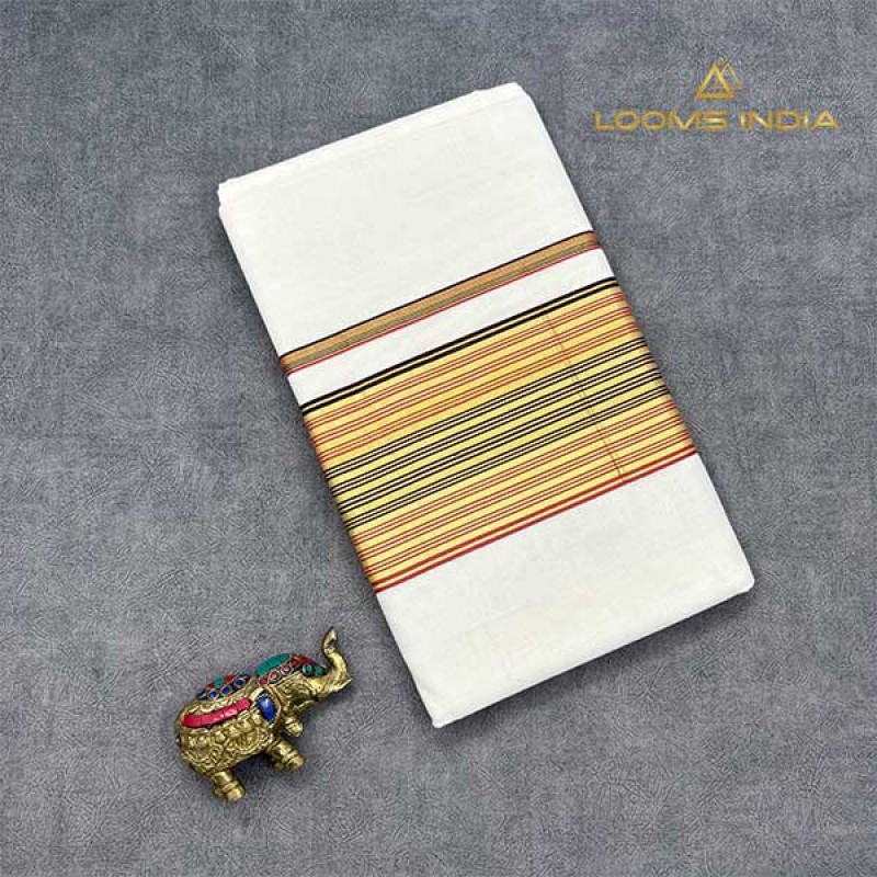 Balaramapuram Handloom Cotton Saree – Plain White Body with Warm Brown & Rust Multi-Stripe Border and Golden Zari Accents