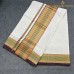 Balaramapuram Handloom Cotton Saree – Plain White Body with Warm Brown & Rust Multi-Stripe Border and Golden Zari Accents