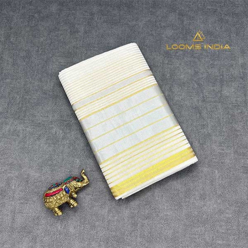 Balaramapuram Handloom Cotton Saree – Plain White Body with Sleek Silver Border, Golden Line Accents & Rich Golden Pallu