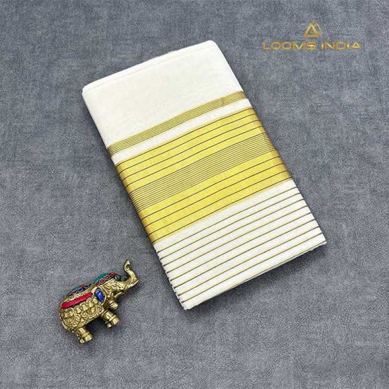 Balaramapuram Handloom Cotton Saree – Plain White Body with Navy Blue Kara, Subtle Gold Stripe Accents & Dual Kasavu Border