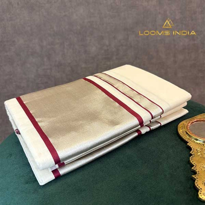 Balaramapuram Unakkupavu Single Set Mundu – Silver Kasavu with Dark Maroon Kara & Intricate Checked Border Design