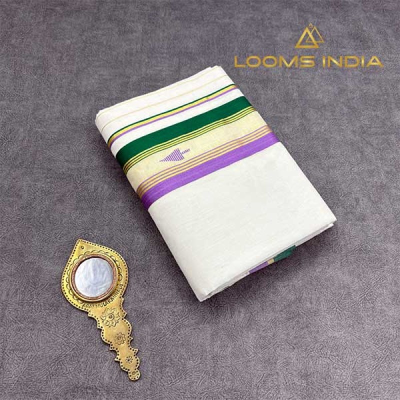 Balaramapuram Unakkupavu Single Set Mundu – Golden Kasavu with Lavender & Forest Green Kara Border & Patterned Neriyathu