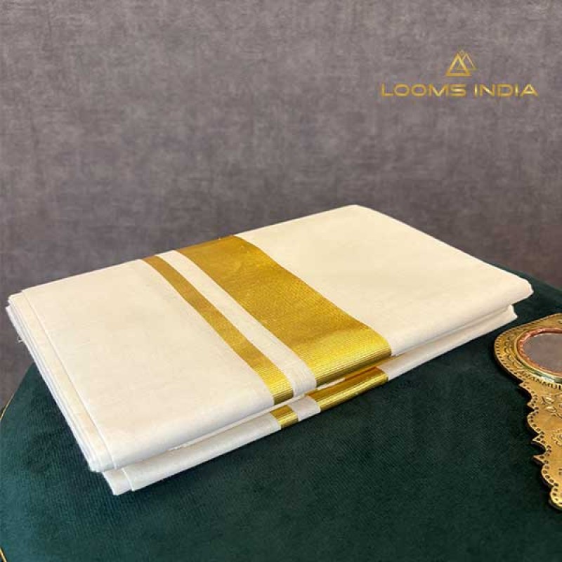 Balaramapuram Unakkupavu Single Set Mundu – Pure White with Classic Golden Kasavu Border