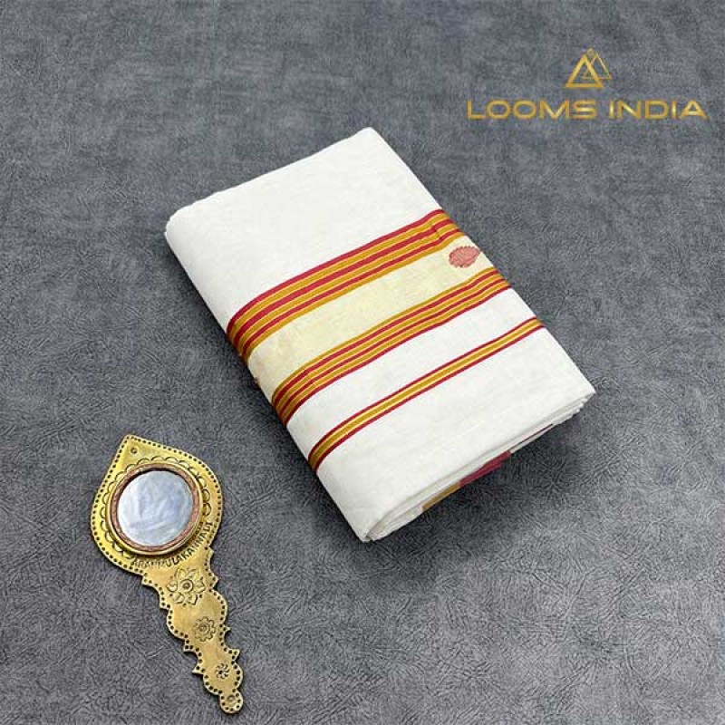 Balaramapuram Handloom Cotton Single Mundu – Dual-Tone Rust & Sandal Kara with Golden Tissue Kasavu Border