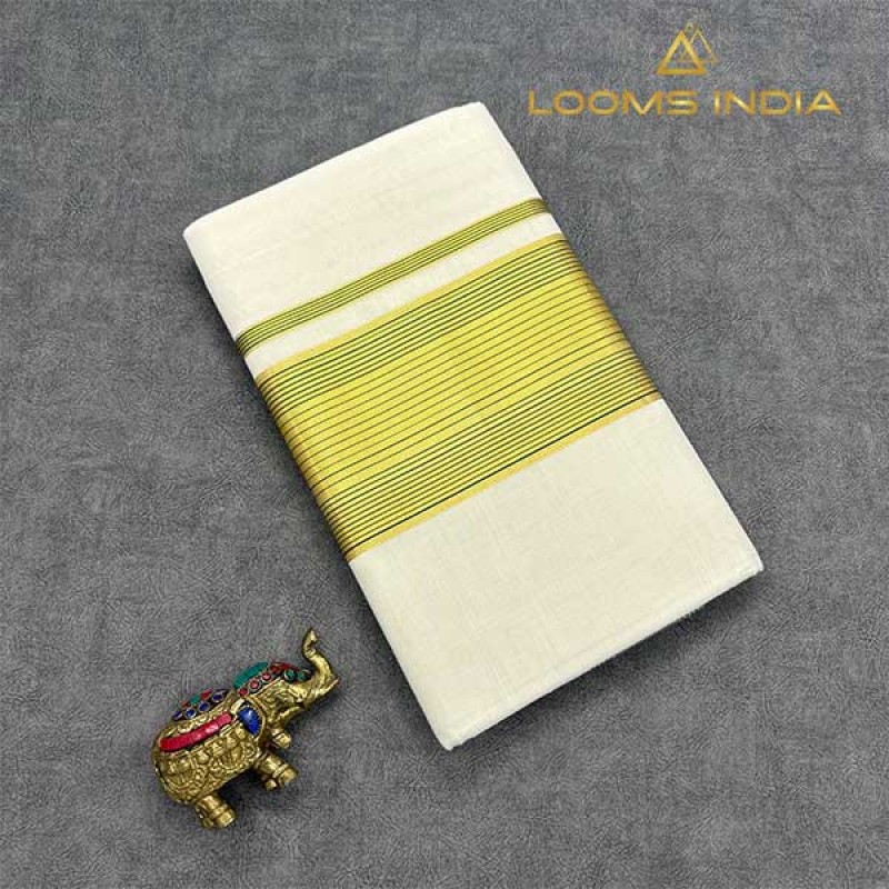 Balaramapuram Handloom Cotton Saree – Plain White Body with Green Kara & Dual Gold-Silver Kasavu Border