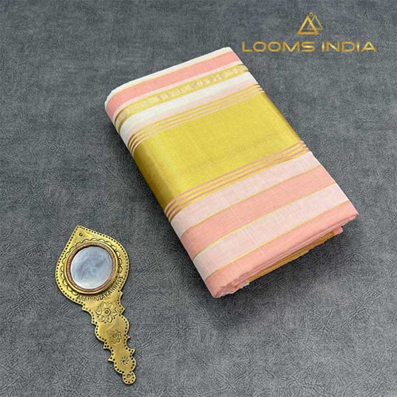 Balaramapuram Unakkupavu Single Set Mundu – Golden Kasavu with Peach & Cream Zari Stripes