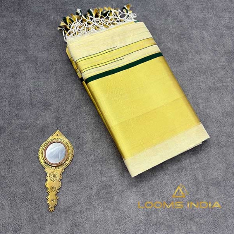 Balaramapuram Unakkupavu Golden Tissue Single Set Mundu – Kasavu Border with Contrast Green Piping & Chuttikkara Design