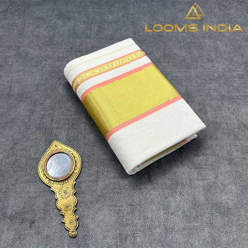 Balaramapuram Unakkupavu Single Set Mundu – Golden Kasavu with Peach Kara