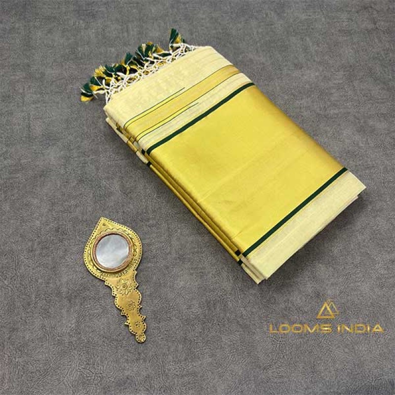 Pure Handloom Balaramapuram Unakkupavu Tissue Set Mundu –  Kasavu with Green Piping & Chuttikkara Design
