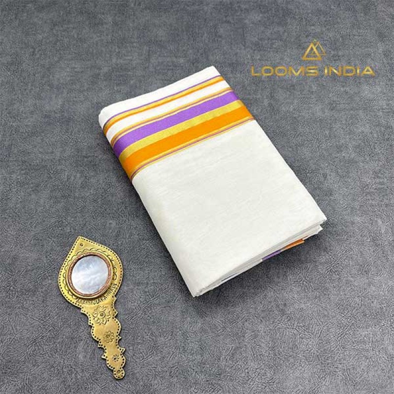 Balaramapuram Unakkupavu Single Set Mundu – Lavender Border with Mustard Yellow Kara & Golden Kasavu