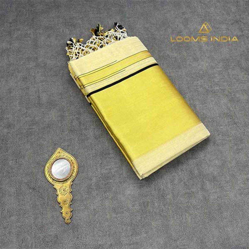 Balaramapuram Unakkupavu Tissue Single Set Mundu – Golden Kasavu with Black Piping & Chuttikkara Design