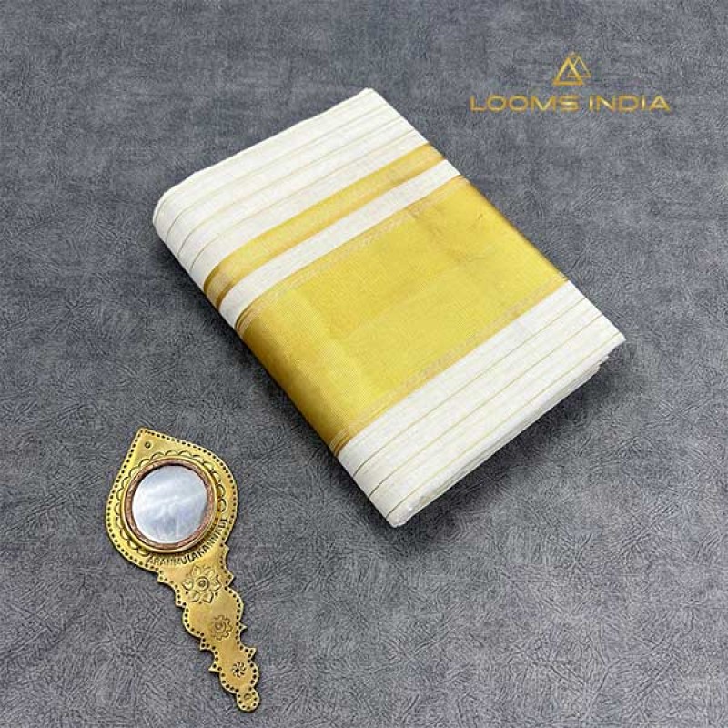 Balaramapuram Unakkupavu Single Set Mundu – All-Over Golden Zari Stripe with Coordinated Neriyathu & Blouse