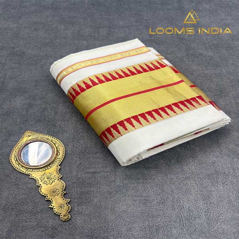 Balaramapuram Unakkupavu Single Set Mundu – Golden Kasavu with Red Thread Temple Motif Border