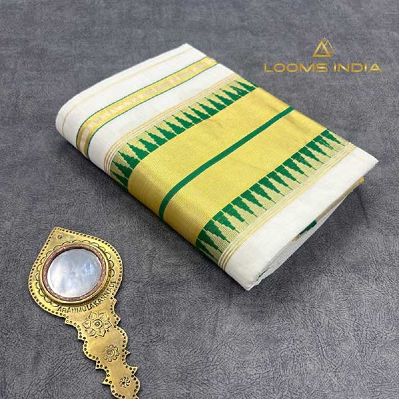 Balaramapuram Unakkupavu Single Set Mundu – Golden Kasavu with Green Thread Temple Motif Border