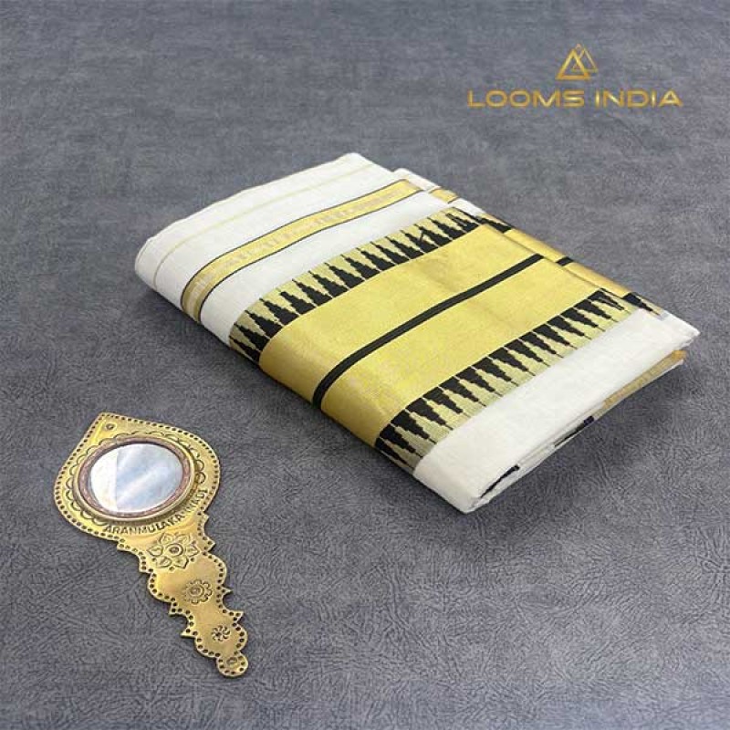 Balaramapuram Unakkupavu Single Set Mundu – Golden Kasavu with Black Thread Temple Motif Border