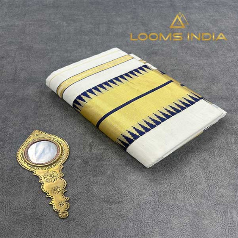 Balaramapuram Unakkupavu Single Set Mundu – Golden Kasavu with Navy Blue Thread Temple Motif Border