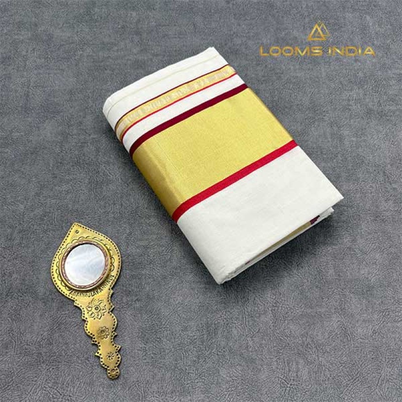 Balaramapuram Unakkupavu Single Set Mundu – Golden Kasavu with Red & Maroon Kara