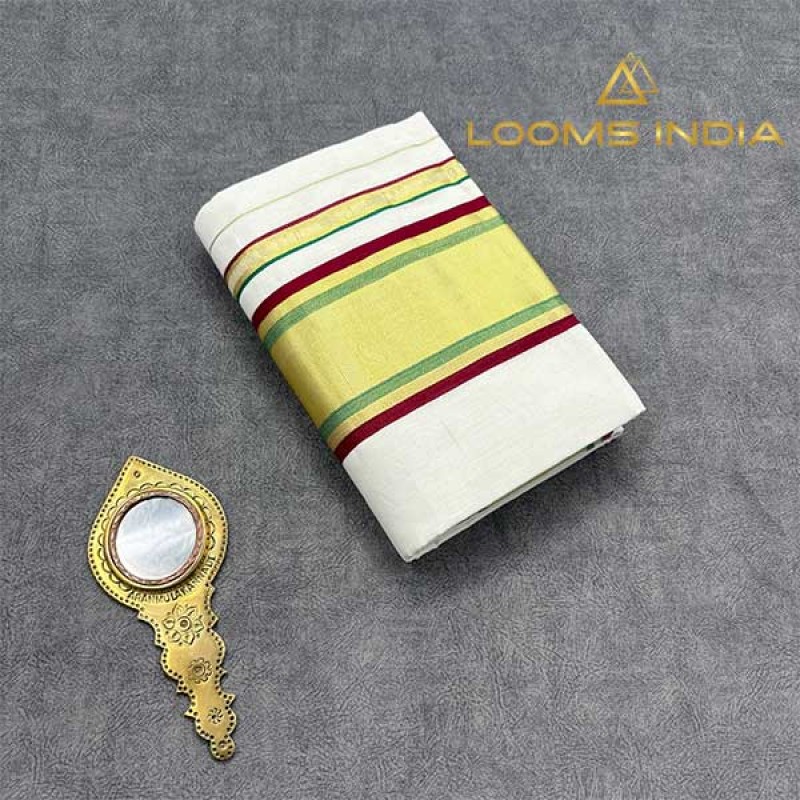 Balaramapuram Unakkupavu Single Set Mundu – Golden Kasavu with Green & Maroon Kara