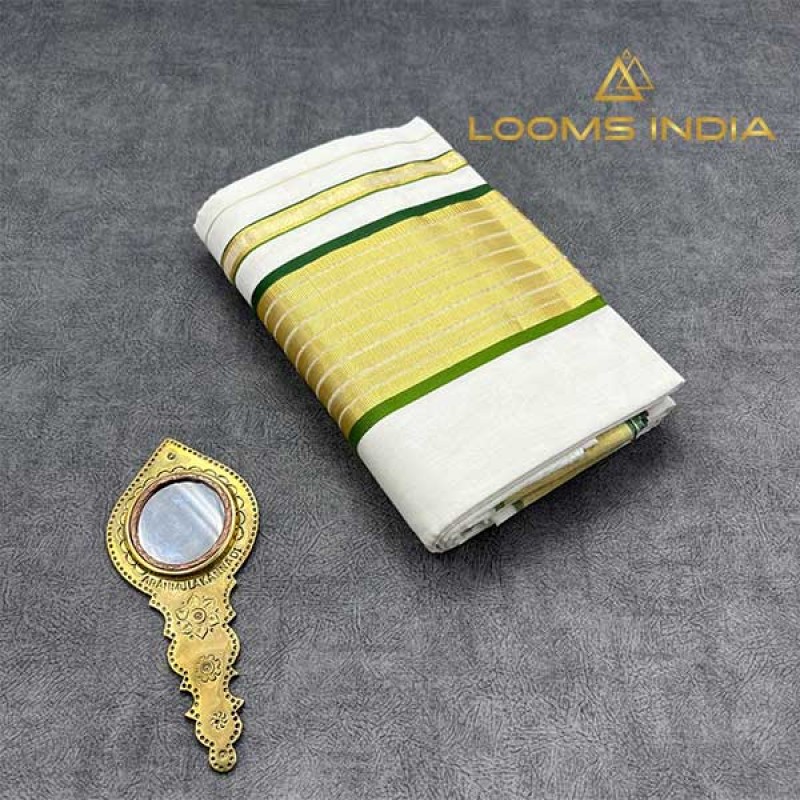 Balaramapuram Unakkupavu Single Set Mundu – Golden Kasavu with Dual-Tone Green Kara Border