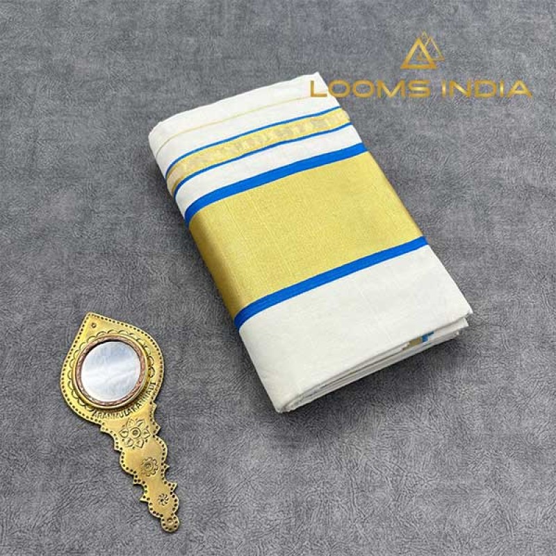 Balaramapuram Unakkupavu Single Set Mundu – Golden Kasavu with Blue Kara
