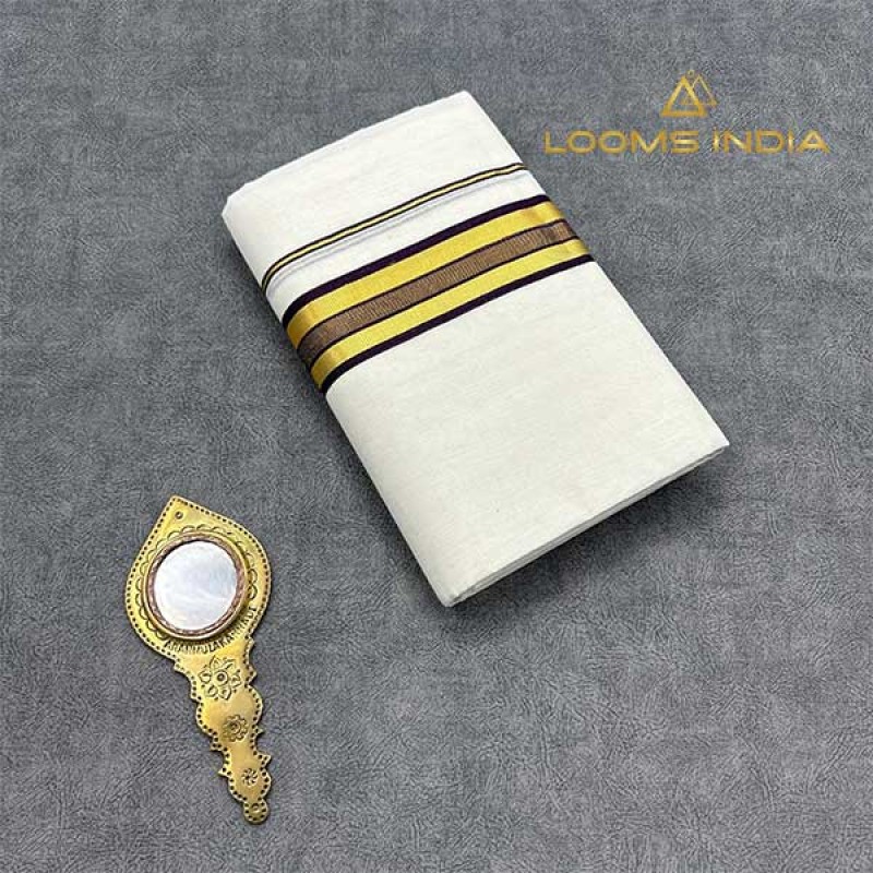 Balaramapuram Unakkupavu Single Set Mundu – Golden Kasavu with Warm Brown Kara Border