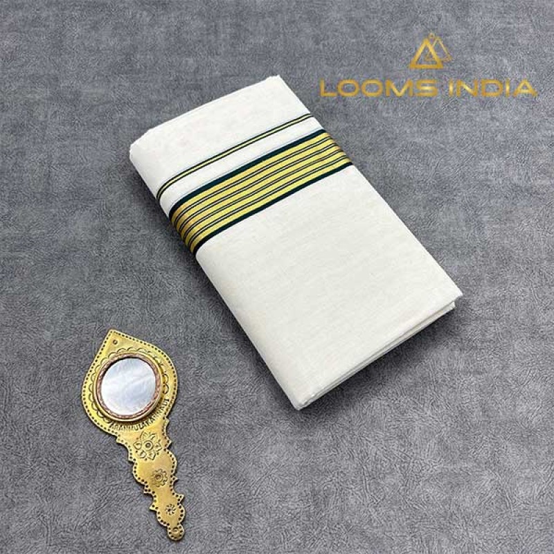 Balaramapuram Unakkupavu Single Set Mundu – Golden Kasavu with Subtle Green Kara Border