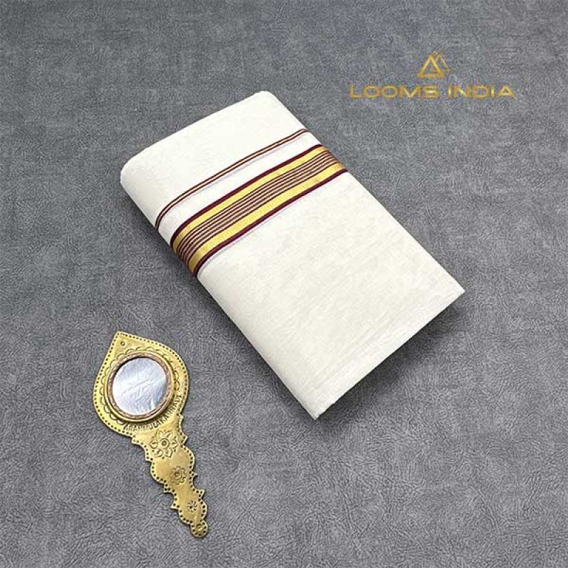 Balaramapuram Unakkupavu Single Set Mundu – Golden Kasavu with Subtle Maroon Kara Border
