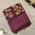 Pure Linen Handloom Saree – Deep Dark Purple with Jamdani Lotus & Leaf Motifs and Contrast Purple Striped Pallu