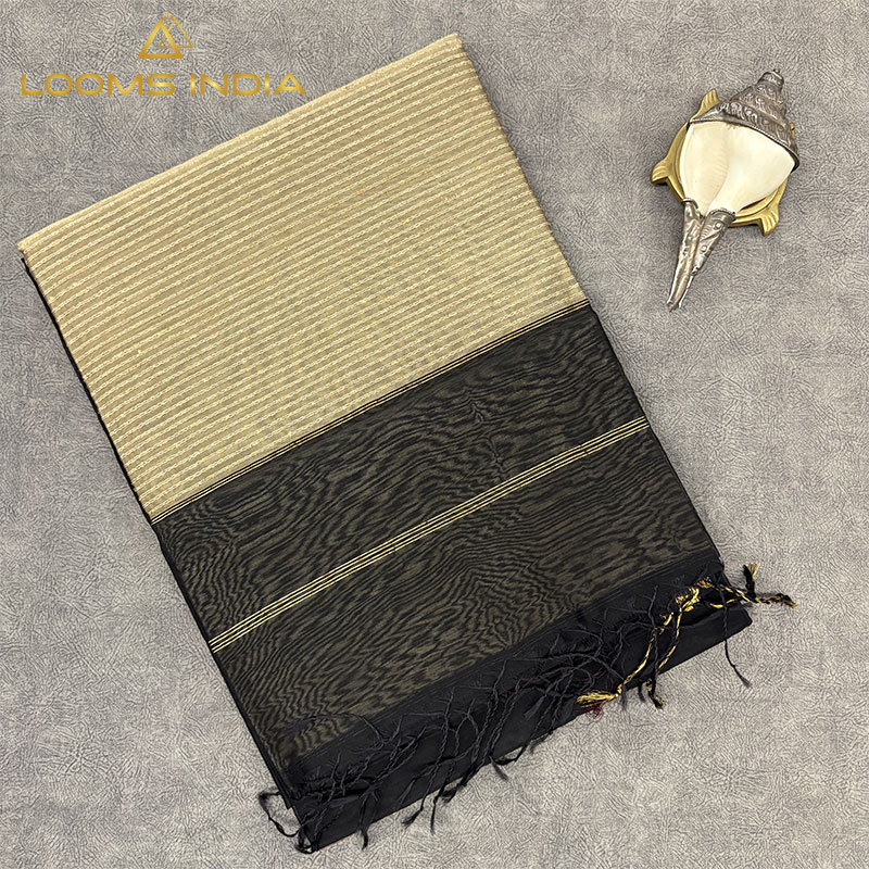 BLACK & BEIGE MAHESHWARI PURE HANDLOOM SILK COTTON SAREE