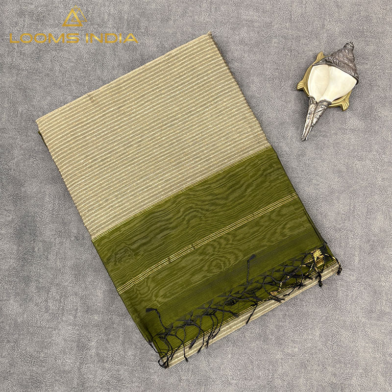 OLIVE GREEN MAHESHWARI PURE HANDLOOM SILK COTTON SAREE