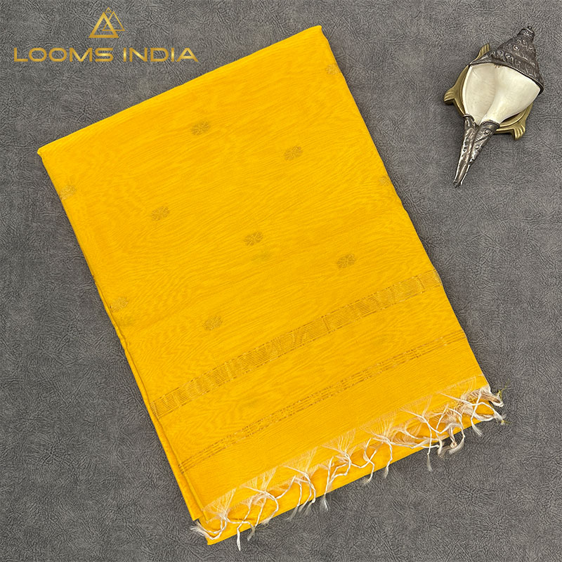 BRIGHT YELLOW MAHESHWARI PURE HANDLOOM SILK COTTON  SAREE