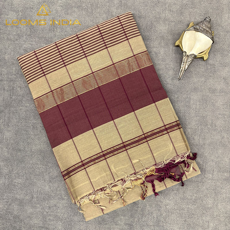ELEGANT BEIGE MAHESHWARI PURE HANDLOON SILK COTTON  SAREE