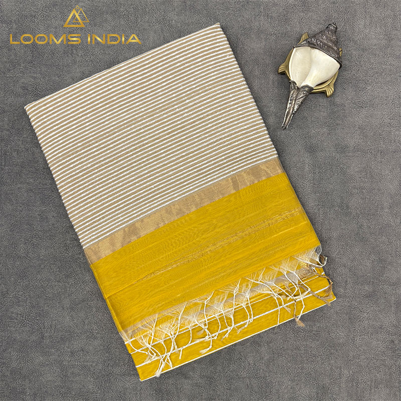 ELEGANT MUSTARD YELLOW MAHESHWARI HANDLOOM PURE SILK COTTON SAREE