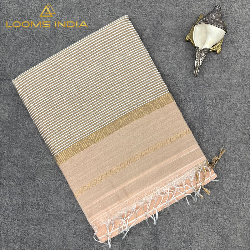 SOFT PEACH MAHESHWARI PURE HANDLOOM SILK COTTON SAREE