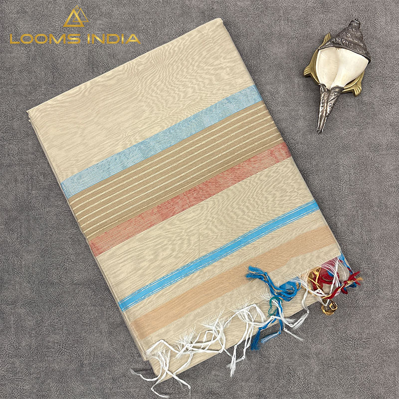 ELEGANT BEIGE MAHESHWARI PURE HANDLOOM SILK COTTON  SAREE