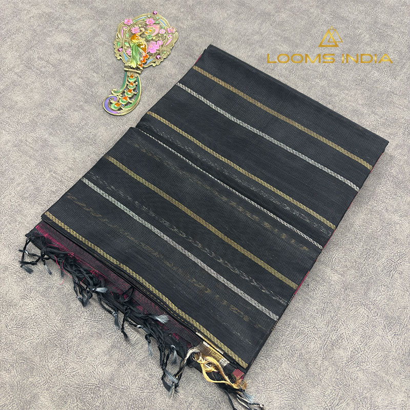 Black Pure Handloom Cotton Silk Saree with Gold and Silver Zari Stripes