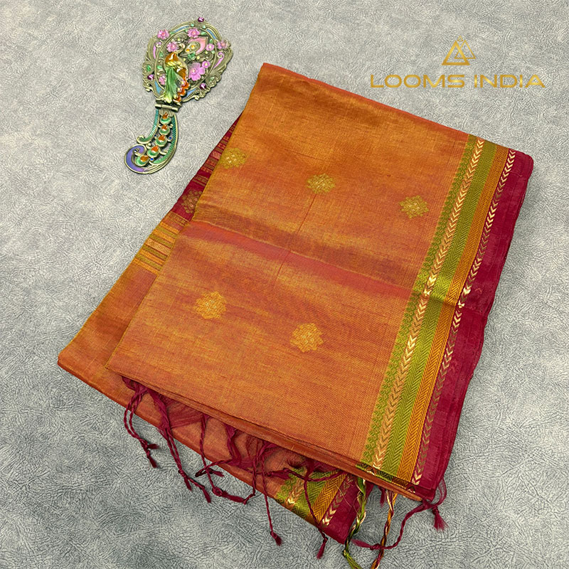 Rust Orange Pure Handloom Cotton Silk Saree with Gold Floral Buttas and Green Border