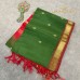 Forest Green Pure Handloom Cotton Silk Saree with Gold Buttas and Red Zari Border