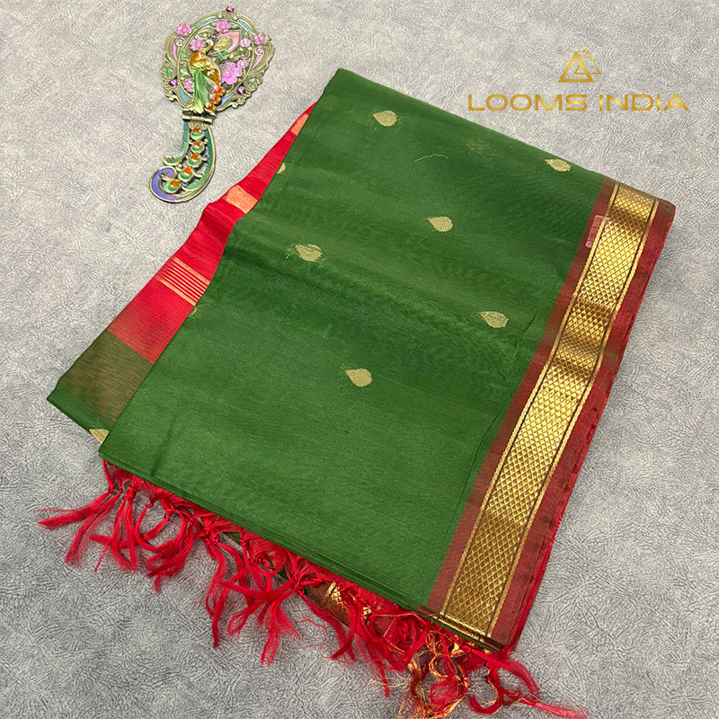 Forest Green Pure Handloom Cotton Silk Saree with Gold Buttas and Red Zari Border