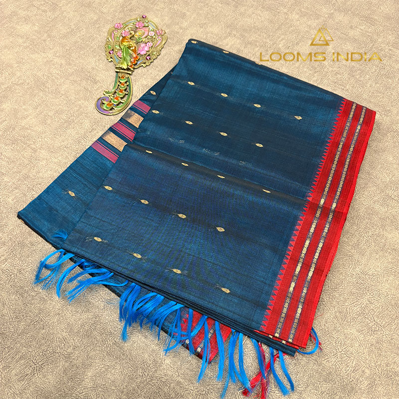 Peacock Teal Pure Handloom Cotton Silk Saree with Gold Buttas and Red Border