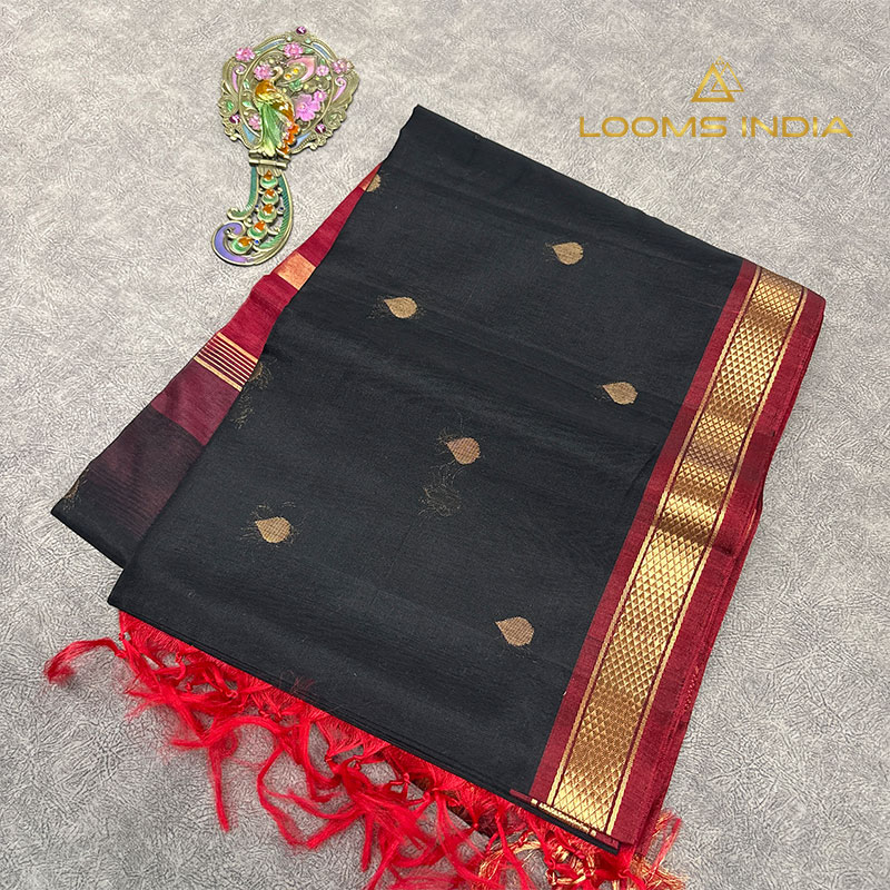 Black Pure Handloom Cotton Silk Saree with Gold Buttas and Maroon Zari Border