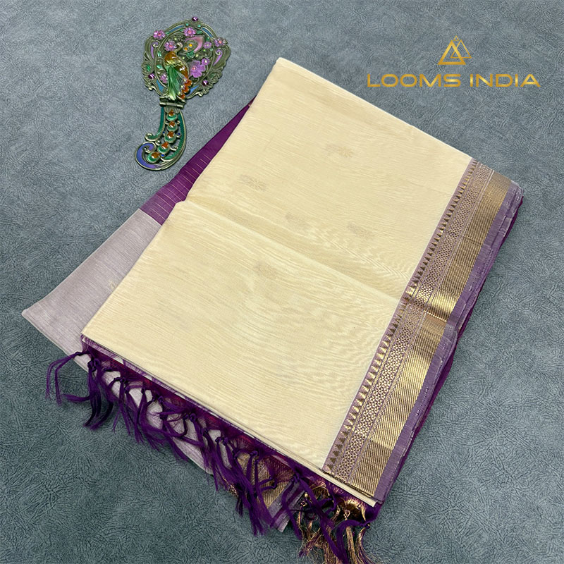 Cream Pure Handloom Cotton Silk Saree with Purple and Gold Zari Border