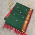 Bottle Green Pure Handloom Cotton Silk Saree with Gold Buttas and Broad Red Zari Border