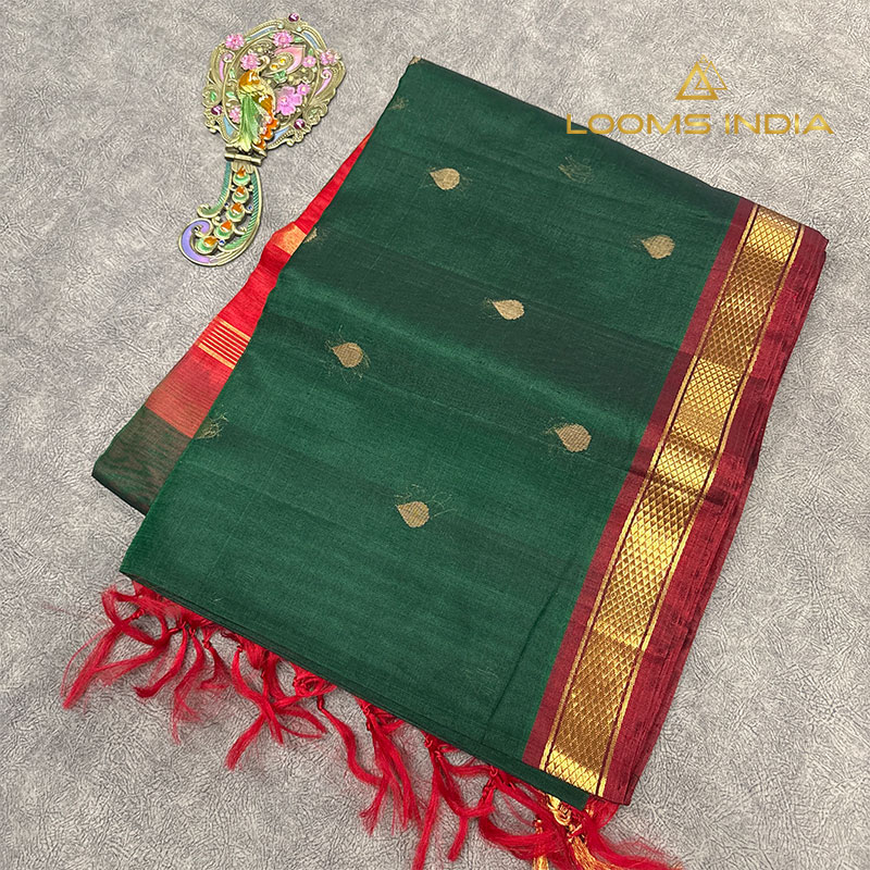 Bottle Green Pure Handloom Cotton Silk Saree with Gold Buttas and Broad Red Zari Border