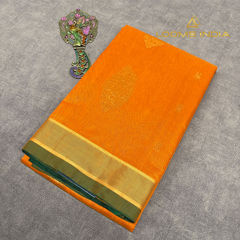 Bright Orange Pure Handloom Cotton Silk Saree with Gold Paisley Buttas and Green Border