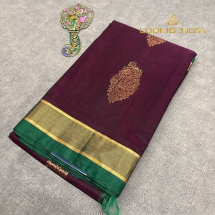 Wine Pure Handloom Cotton Silk Saree with Antique Gold Floral Buttas